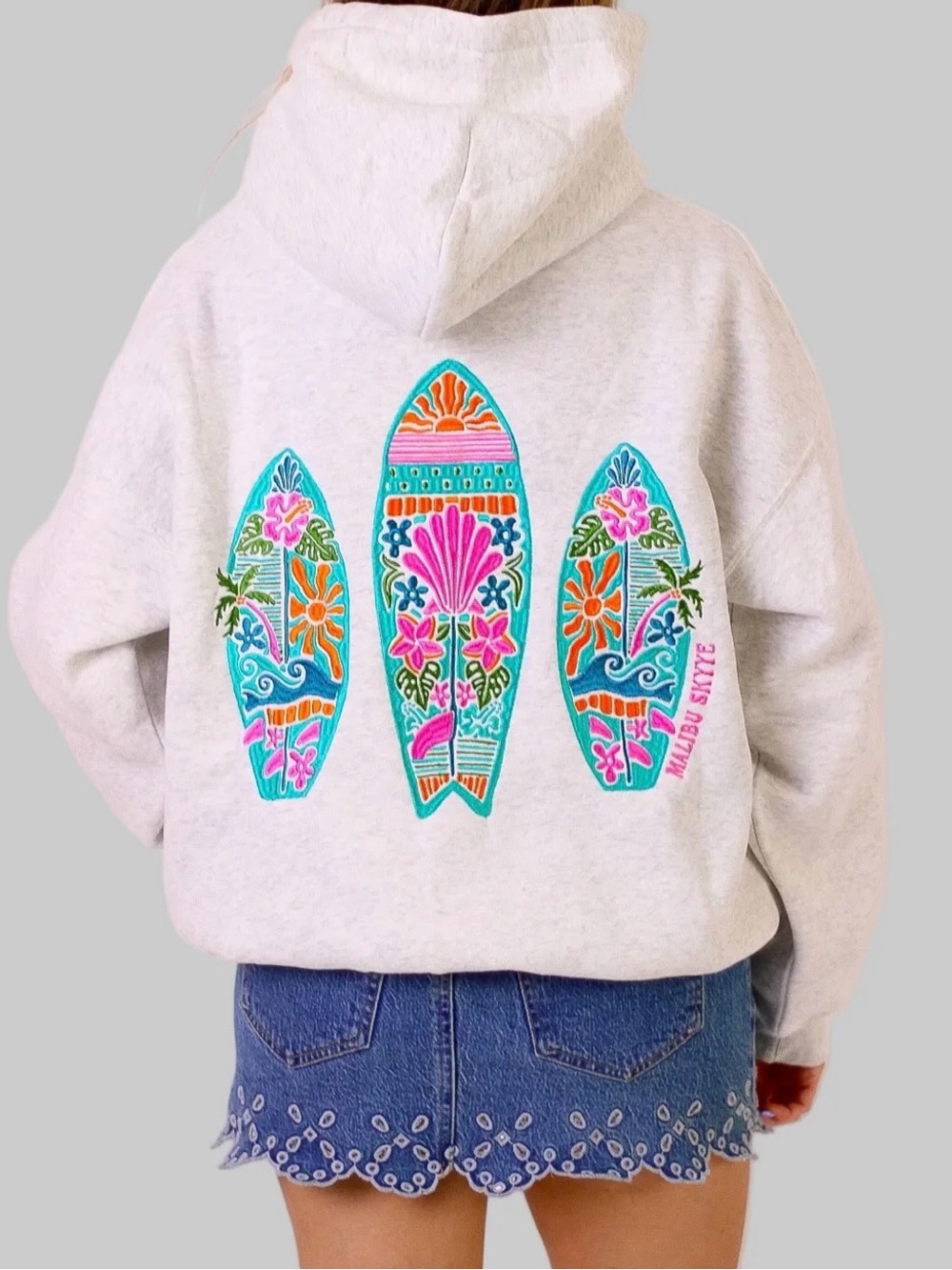 Light Gray Pullover Hoodie Sweater with Colorful Surfboard Motif